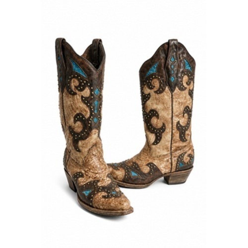 Corral Boots Women 7 Brown Leather Western Studded Turquoise Inlay A B019